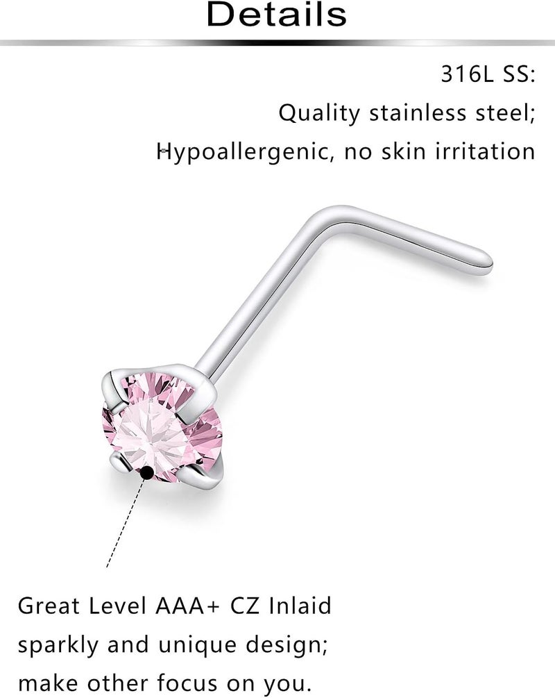 Ftovosyo Hypoallergenic Nose Rings Studs 18G & 20G Surgical Steel Nose Studs L Shaped Nostril Piercing Jewelry with Pink Cubic Zirconia for Women & Men - Image 3